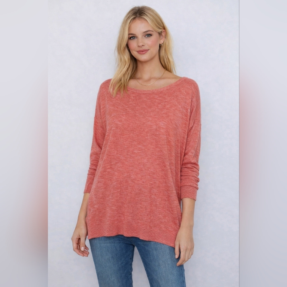 Eileen Fisher Size L Coral Linen Cotton Long Sleeve Top --p